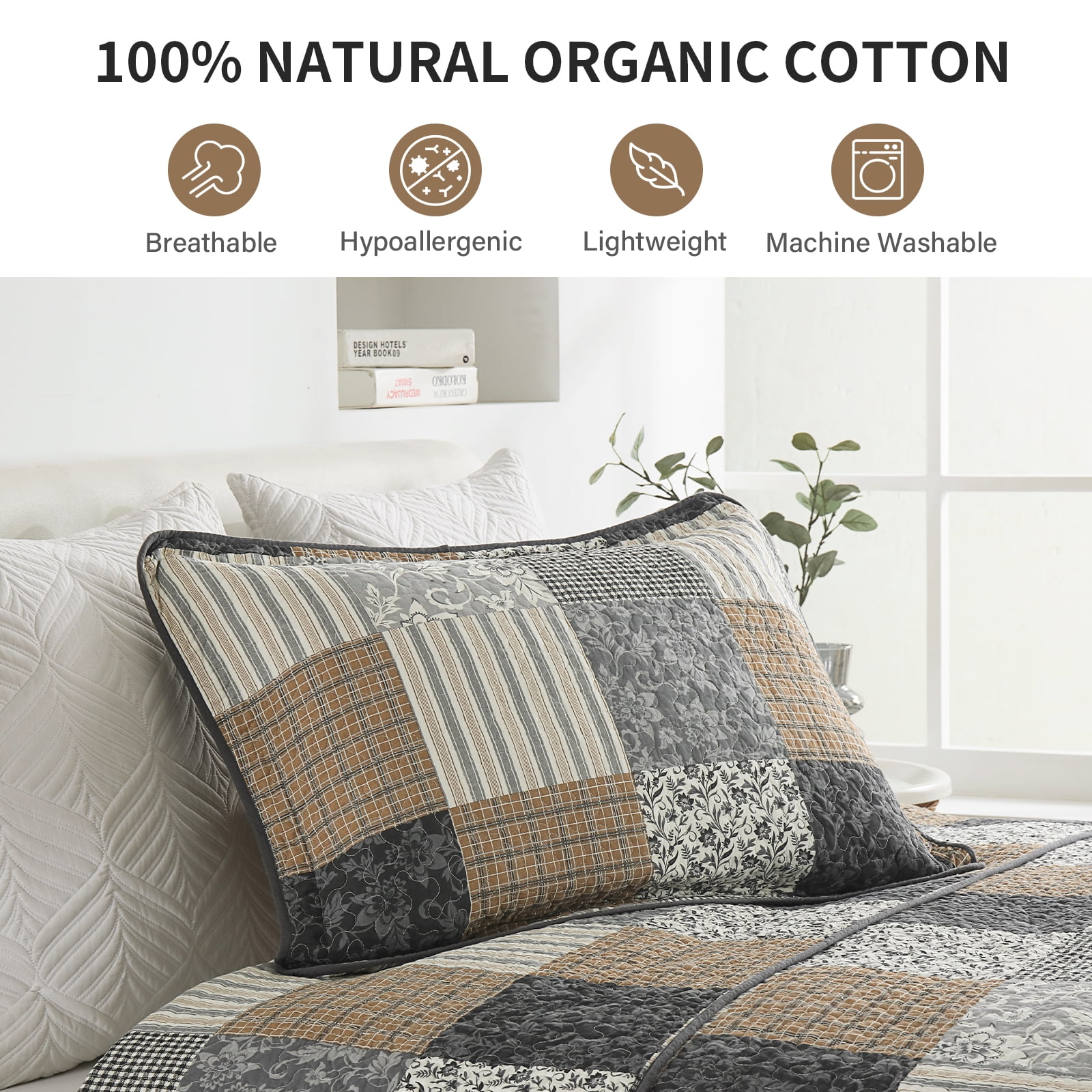 DDUOXIN Brown Plaid King Size Quilts - 100% Cotton King Size Quilt Set, Floral Gray Brown Patchwork Quilt Bedspreads for King Bed, Lightweight Reversible Coverlet Bedding Set with 2 Pillow Shams