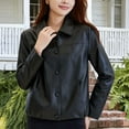 thumbnail image 3 of QUNYINEY Womens Faux Leather Jackets Motorcycle Cropped Black Windbreaker Button Down Collar Long Sleeve Loose Fit Women's Coats, 3 of 7