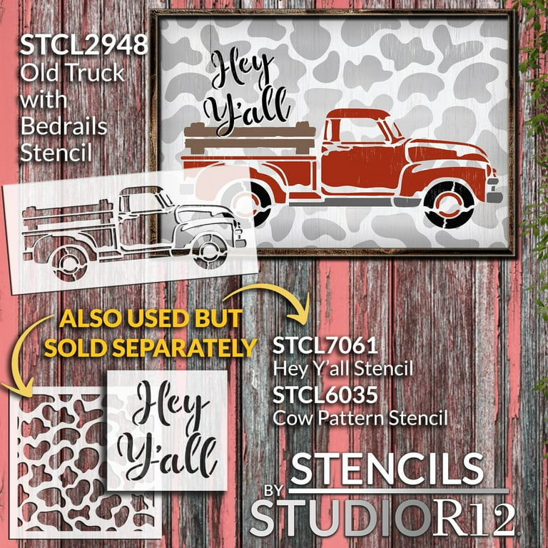 Old Red Truck Stencil with Wood Bed Rails by StudioR12 Rustic Farmhouse Country Living Farm Life Vintage Decor Reusable Mylar Template Paint Wood Signs DIY Home Craft Select Size 18 old-red-truck-stencil-with-wood-bed-rails-by-studior12-rustic-farmhouse-country-living-farm-life-vintage-decor-reusable-mylar-template-paint-wood-signs-diy-home-craft-select-size-18-x-8