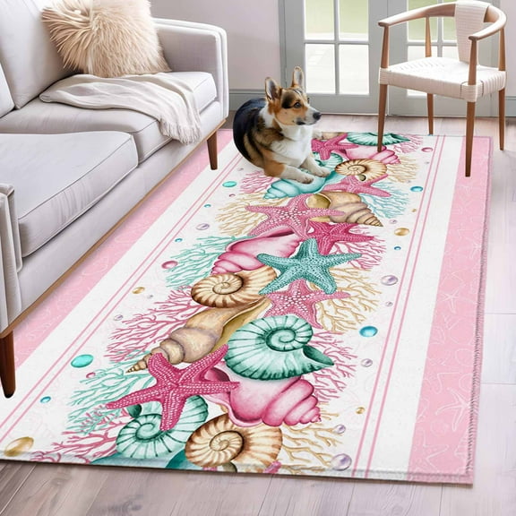 Summer Starfish Pink Area Rug 3x5 Washable Rug Non Slip Beach Coral Conch Coastal Large Area Rug Indoor Floor Carpet for Entryway Bedroom Kitchen Living Room Home Office Dining Room Nursery