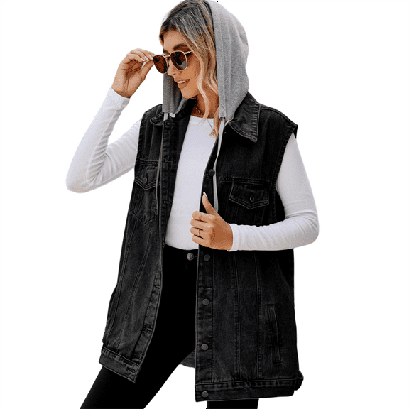 LEZMORE Women's Denim Vest Sleeveless Jean Jacket Button Down Casual Lapel Waistcoat With Detachable Hooded Vest