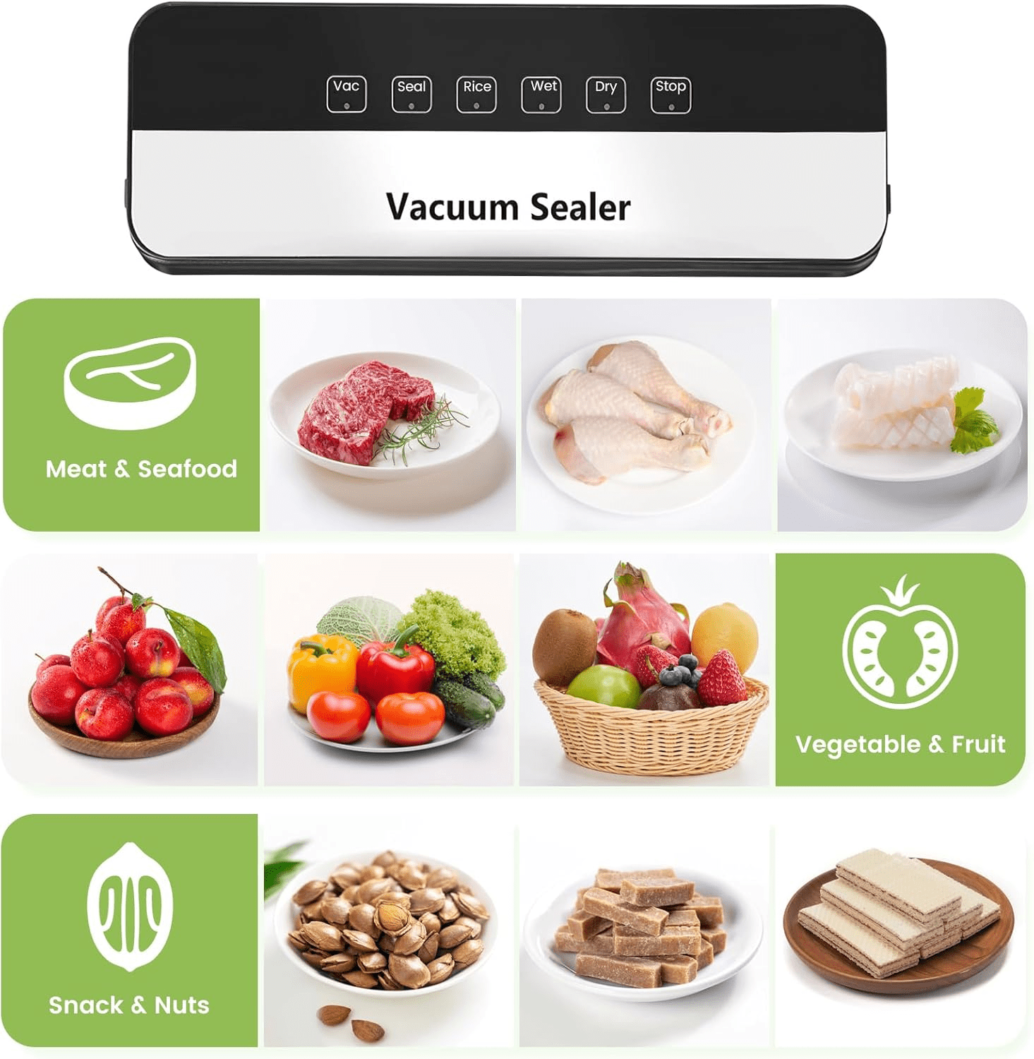 ANGAUSS Vacuum Sealer with 10Pcs Bags, Starter Kit for Dry & Moist Food Storage Sous Vide for Kitchen and 65Kpa Food Sealer Machines with 5 Modes, Dry/Wet/Draw/Seal/Vac
