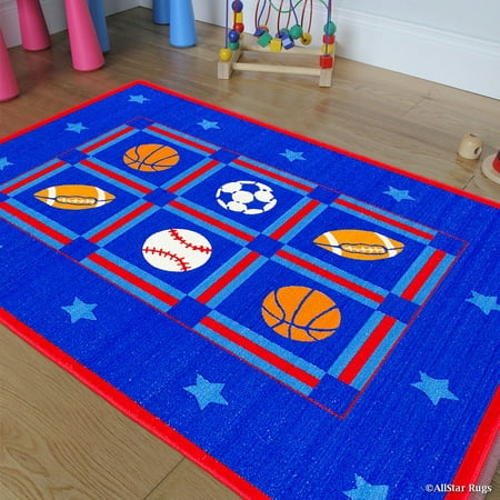Allstar Kids / Baby Room Area Rug. Sports. Football. Basketball. Soccer and Baseball. Bright Blue Colors (4' 11