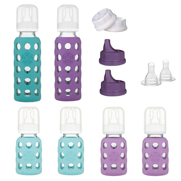 Lifefactory Baby 6 Bottle Starter Set in Mint/Lavender and in Kale/Grape Flat & Sippy Caps Stage 3 Nipples 16 Oz 12 Piece Set