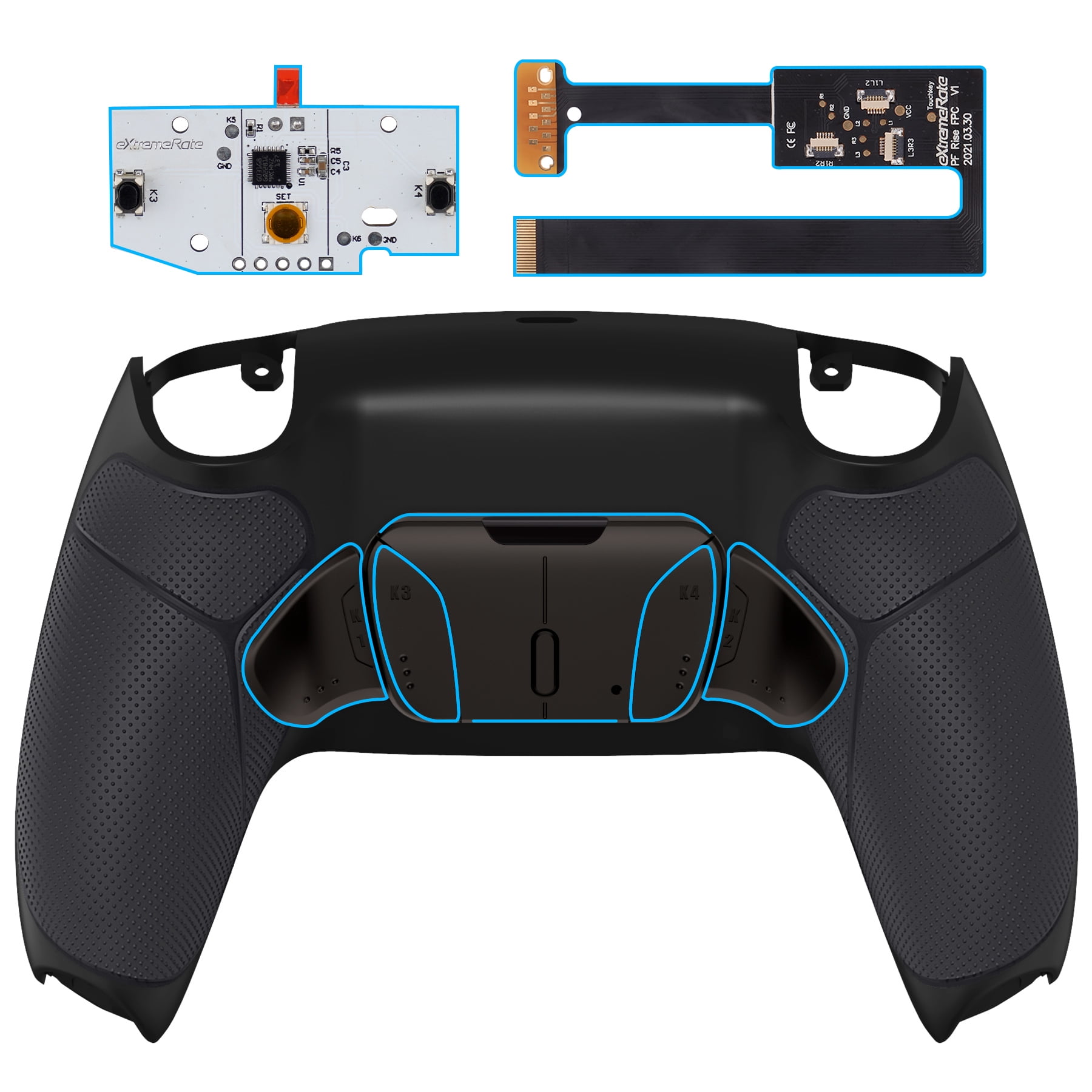 eXtremeRate Black Rubberized Grip Remap Kit Upgrade Board Back Shell 4 Buttons for PS5 Controller BDM 010/020
