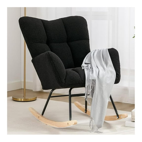 AIZYT Nursery Rocking Chair Teddy Upholstered Glider Rocker Rocking Accent Chair Padded Seat with High Backrest Armchair Comfy Side Chair for Living Room Bedroom Offices (Black Teddy)