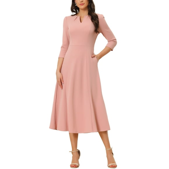 INSPIRE CHIC Women's Work Dress A Line 3/4 Sleeves Elegant Midi Dress Pink L
