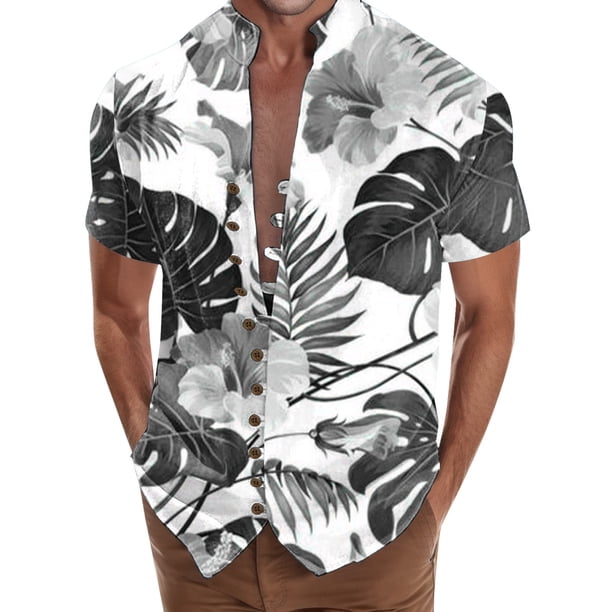 Camisas s Para Hombre Manga Corta Camisa de vacaciones en la playa Camisa de cuello con botones en los puños para hombre (Grey, M)