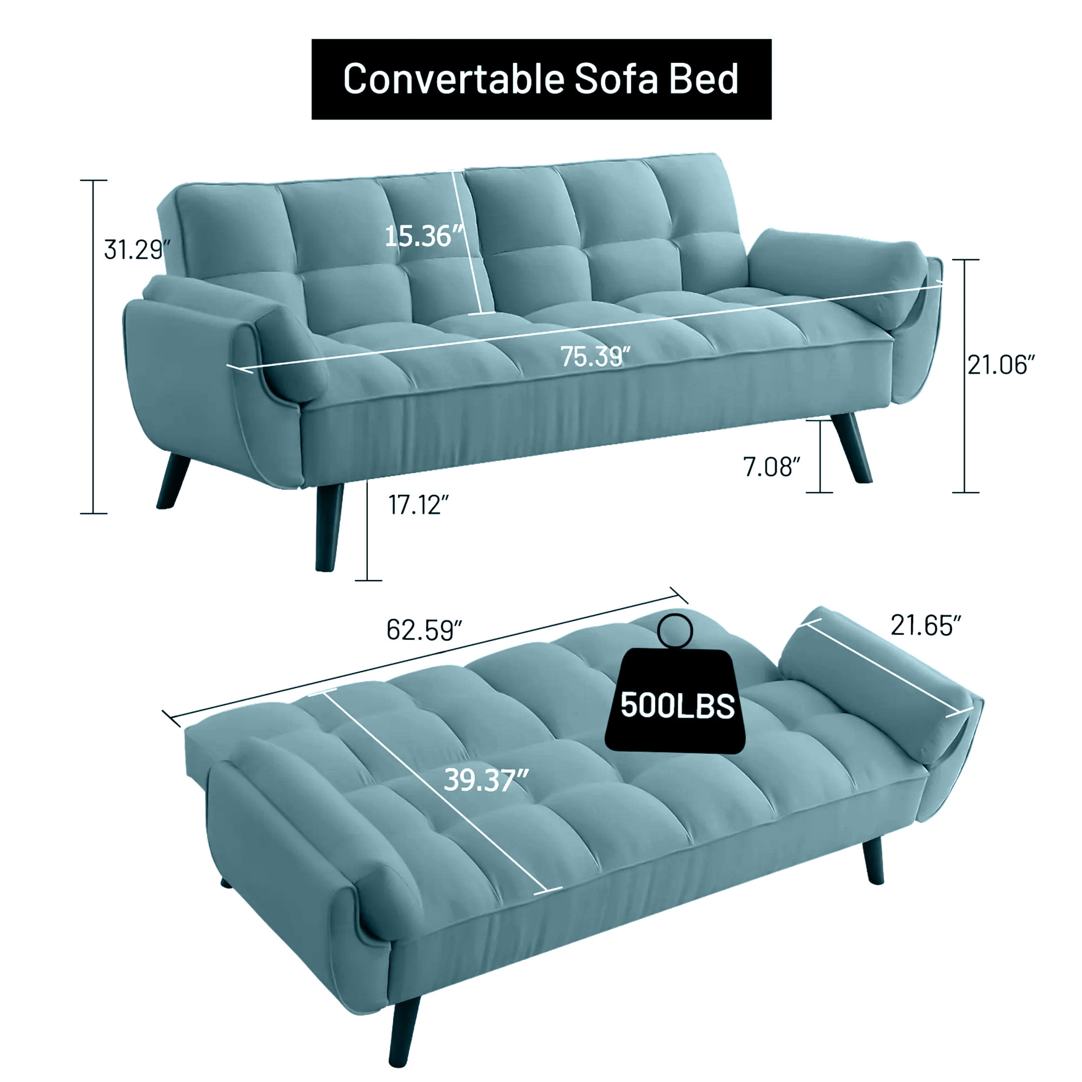 Aukfa 75" Flared Arm Futon Convertible Sofa Bed, Curved Sleeper Sofa for Home Office, Blue