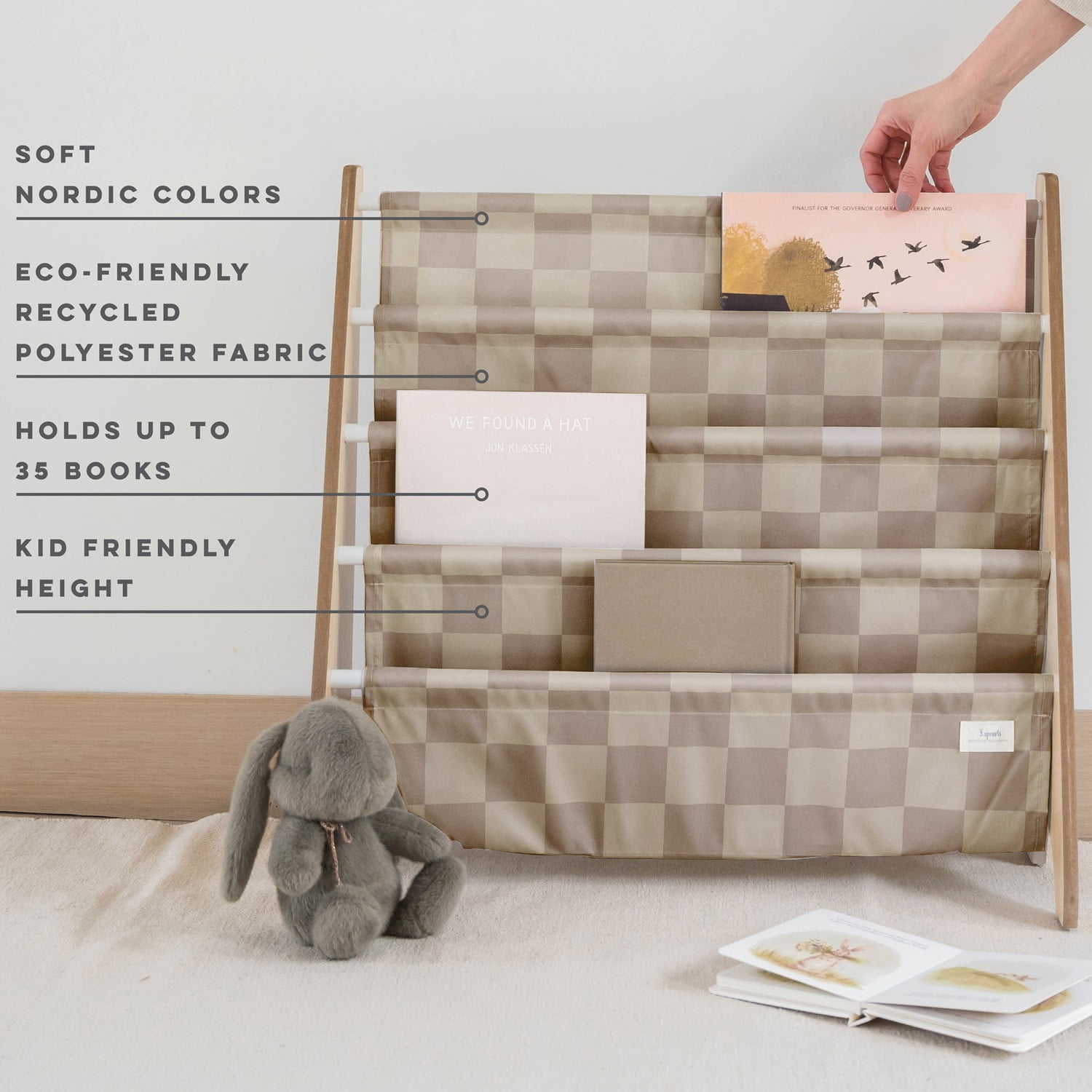 3 Sprouts Recycled Fabric Kids Book Rack Storage Bookshelf Organizer in Checkerboard Beige for Ages 3+
