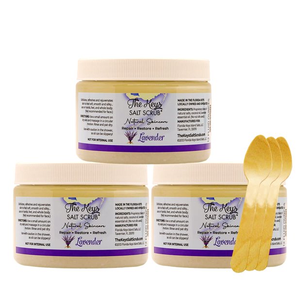 The Keys Sea Salt Scrub – Exfoliante corporal con cuchara de madera – Exfoliante para pies y manos para hombres y mujeres – Hecho con sal marina pura de Florida (lavanda a granel, paquete de 3 12 oz)