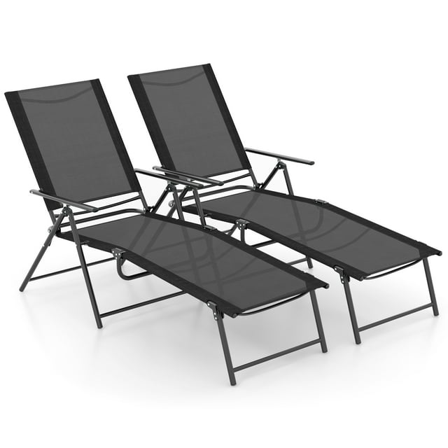 Costway Ensemble de 2 Chaises Longues Pliantes de Patio avec Dossier Inclinable à 6 Niveaux, Noir