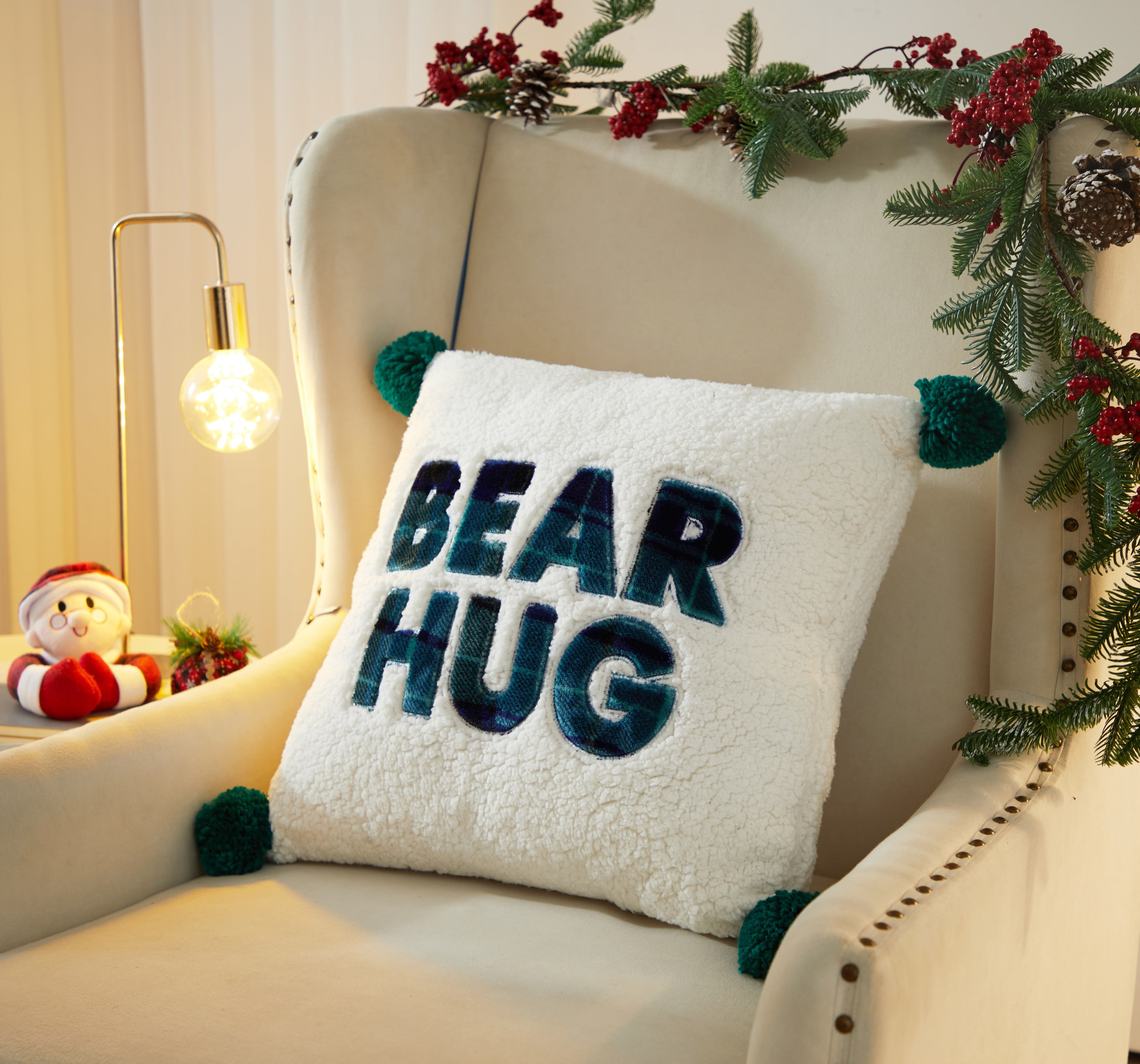 Dearfoams Bear Hug Pillow with Pom Poms, 20'' x 20'', Sherpa
