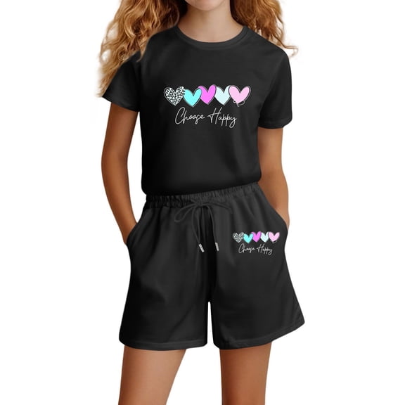 Hienoo Girls Cotton Outfits Casual Sports Short Sleeve T-Shirt and Shorts Set, Sizes 3-10