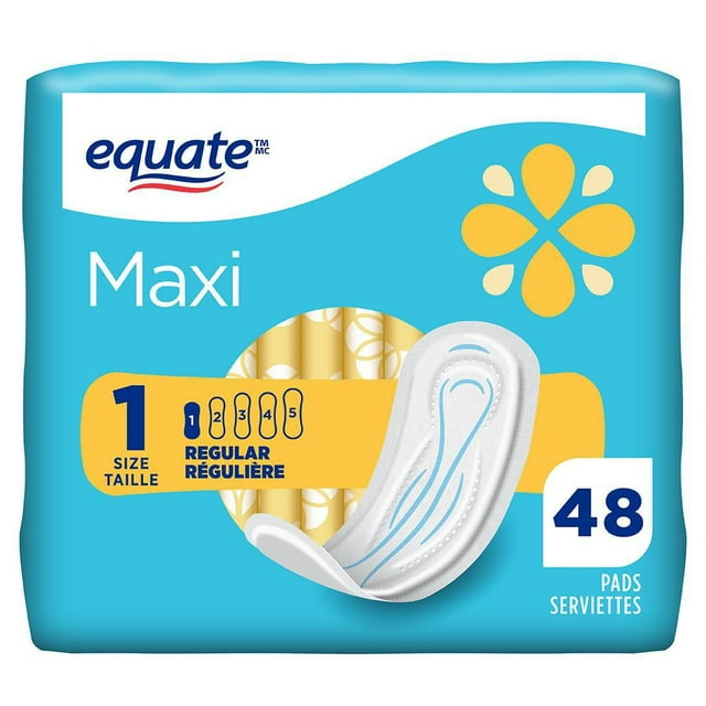 Equate Regular Absorbency Maxi Pads Unscented, Size 1, 48 Count
