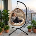 thumbnail image 2 of Foldable Hanging Egg Chair with Stand, HDPE Rattan Wicker Swing Chair with Cushion, Heavy Duty Frame 350 lbs Capacity, Outdoor Patio, Indoor Bedroom, Balcony, 2 of 7