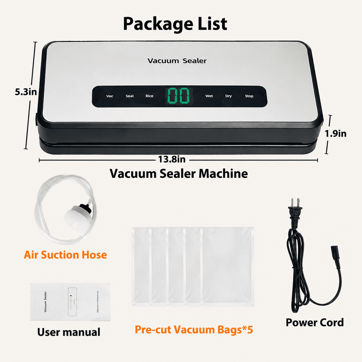 5-in-1 Mini Vacuum Sealer Machine, 90KPa Compact Automatic Food Preservation Storage, Bag Roll Included, Silver
