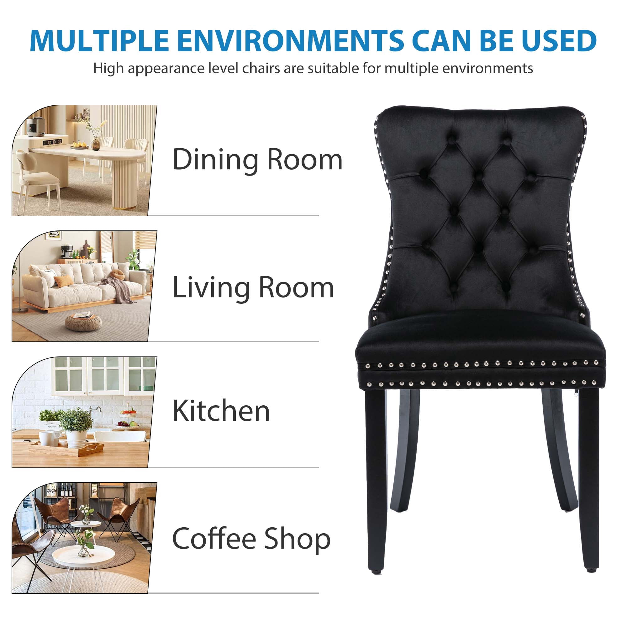 Aukfa High-End Upholstered Dining Chairs Set of 2, Modern Tufted Solid Wood Side Chair with Nailhead Trim - Black