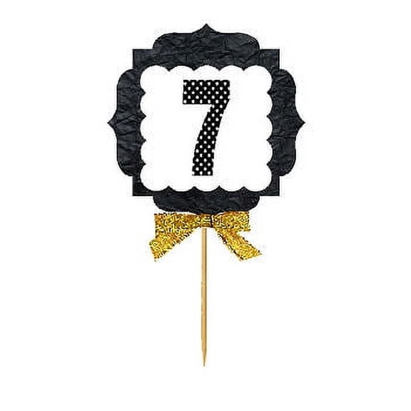 7th Birthday / Anniversary Gold Ribbon Hand Crafted Novelty Cupcake Decoration Toppers / Picks -12ct