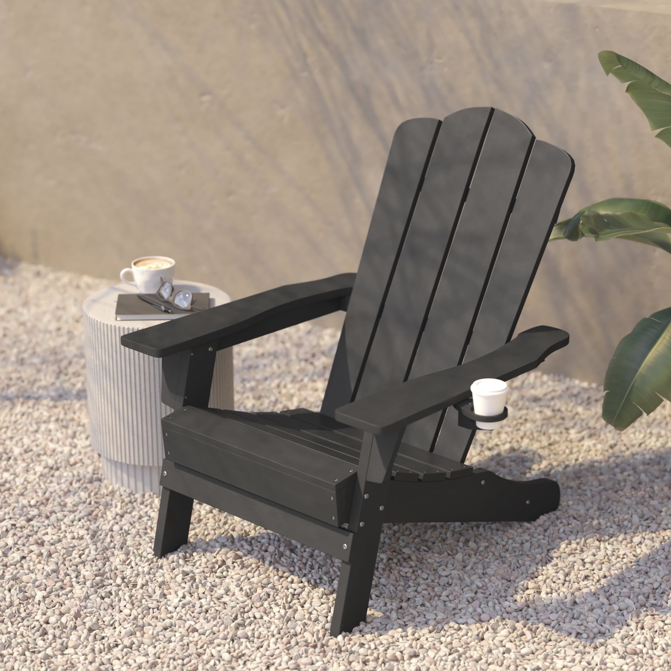 Flash Furniture Newport Adirondack Chair with Cup Holder, Weather Resistant HDPE Adirondack Chair in Gray