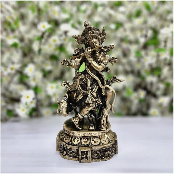 Lord Krishna Statue Standing Krishna Idol in Brass Krishna with Cow Krishna Sculpture God of Love Krishna Figurine Indian God Statue Handcrafted God Statue Krishna Murti Home Decor - AtoZ India Cart