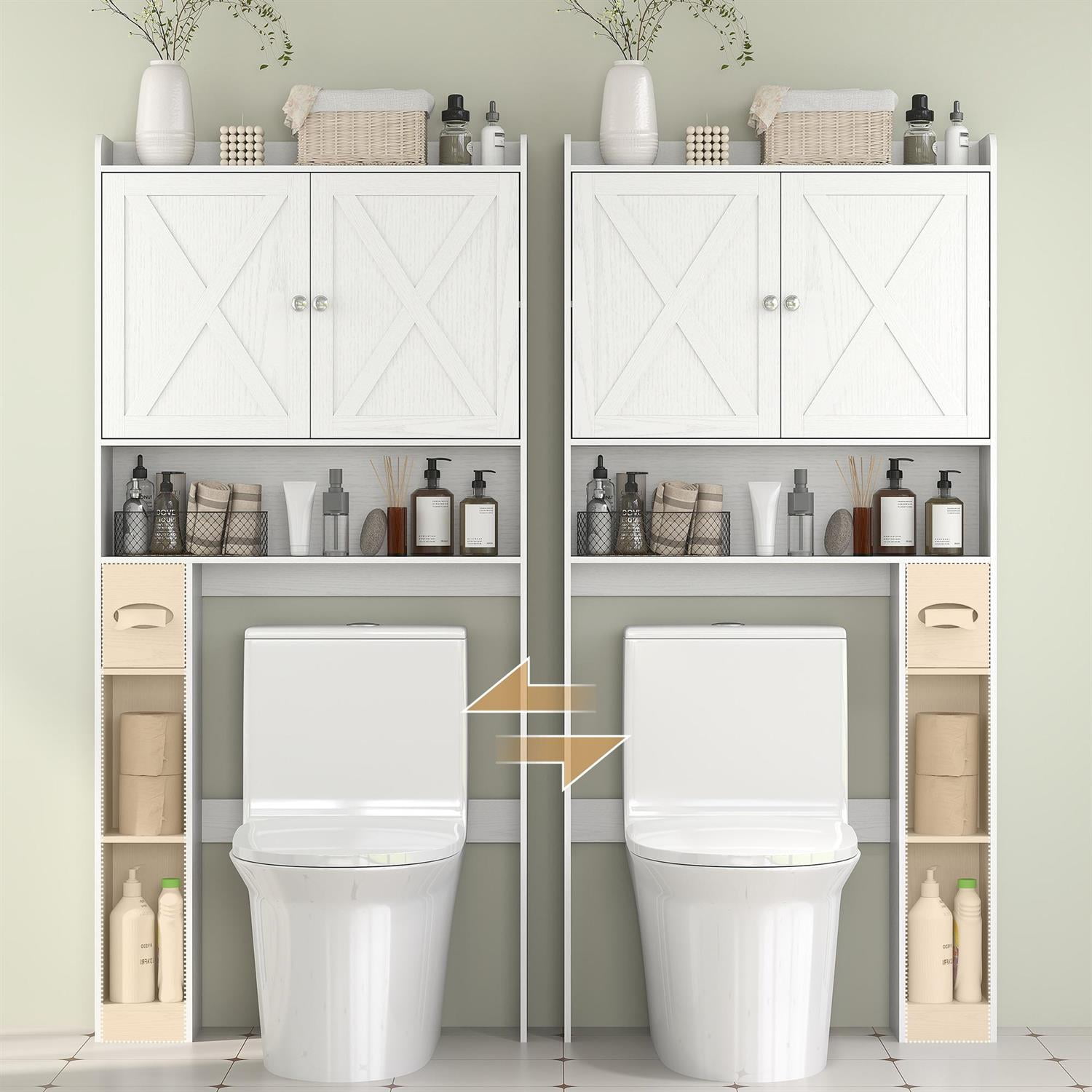Demi Bonn 67" Toilet Overhead Storage with Barn Doors and Adjustable Shelf, Farmhouse Style for Modern Homes, White