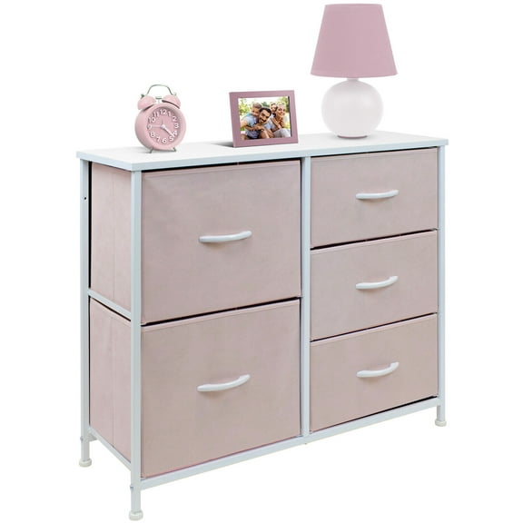 UPPYL Kids Dresser with 5 Drawers - Storage Chest Organizer Unit with Steel Frame, Wood Top & Handles, Tie-dye Fabric Bins for Clothes - Wide Furniture for Bedroom Hallway Kids Room,Pink