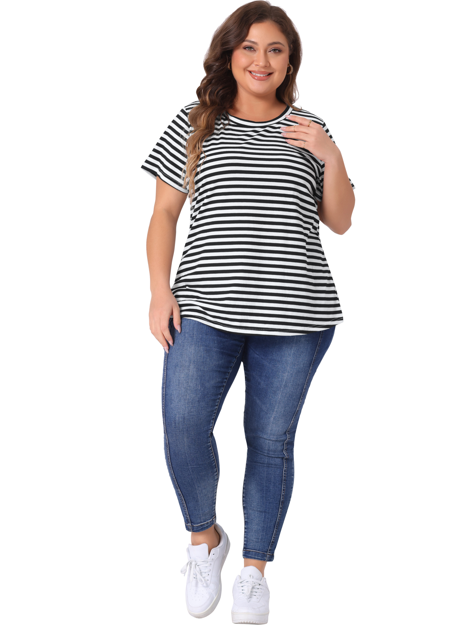 Unique Bargains Women's Plus Size Short Sleeve Crew Neck Striped Top 2X Black White
