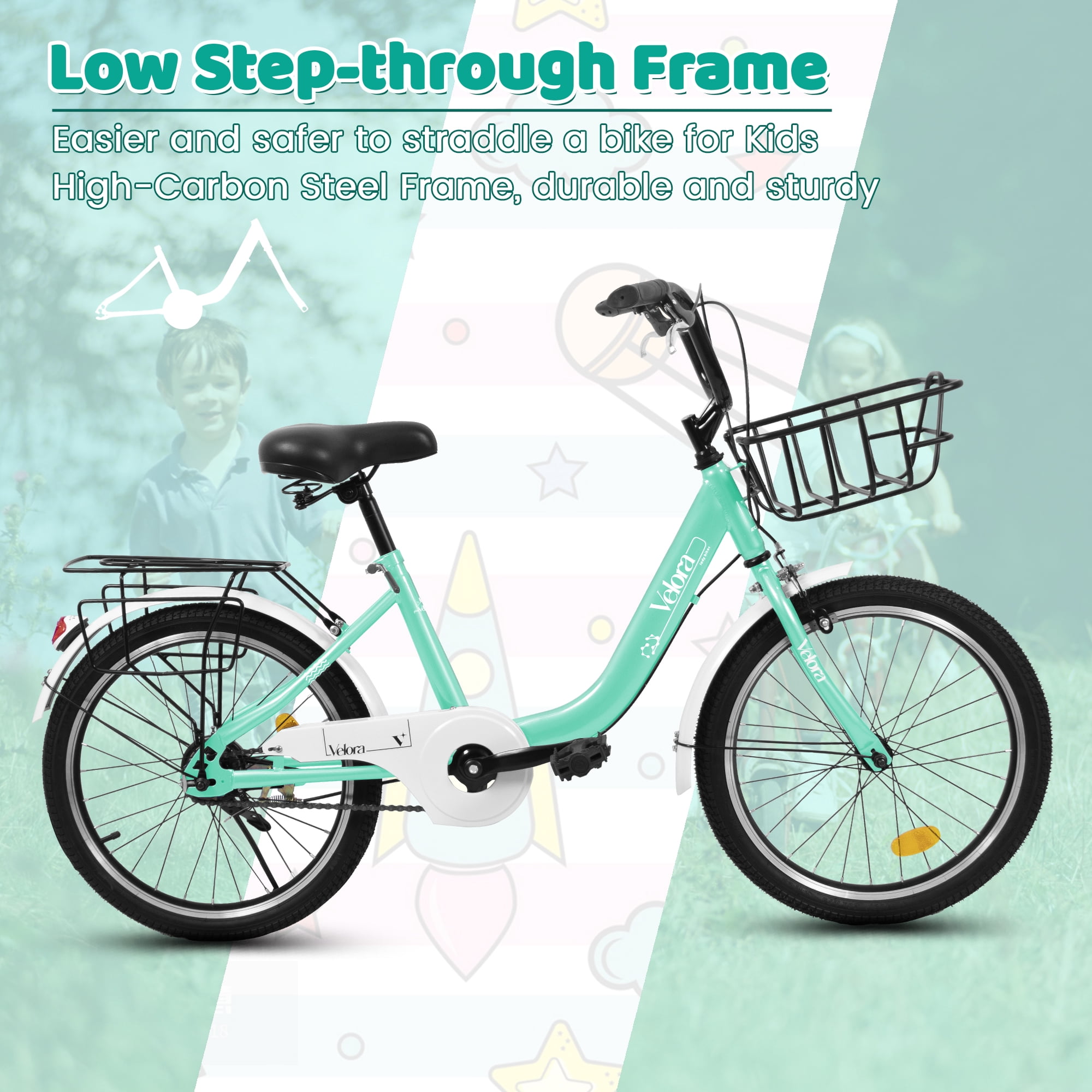 imerelez Kids Bike 20 Inch for Boys Girls Ages 6-12, Single-Speed with Dual V-Brake & Coaster Brakes, Lightweight Steel Frame, Multiple Colors (Pink/Green/Purple/White)