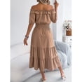 thumbnail image 6 of EASYBRA Women Off Shoulder Pleated Waist A Line Maxi Dress Short Sleeve Summer Casual Elegant Dress, 6 of 7