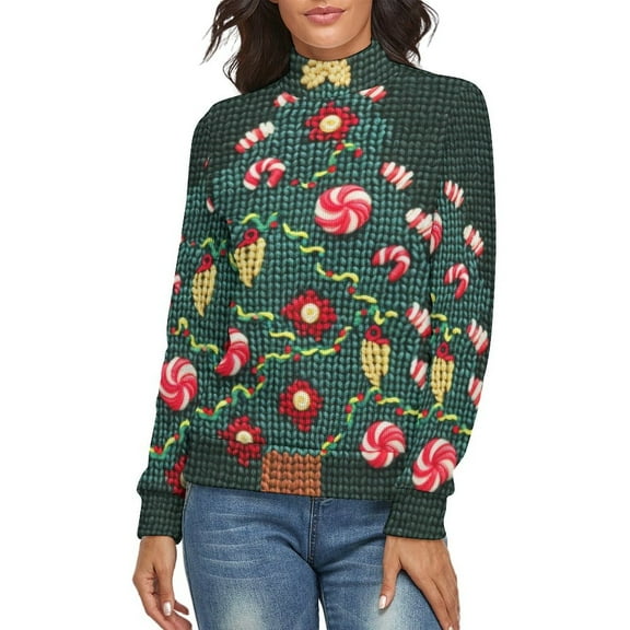 Knitted Christmas Tree Women's Turtleneck Sweater Long Sleeve Ribbed Fitted Turtle Neck Casual Fall Winter Collection Top S