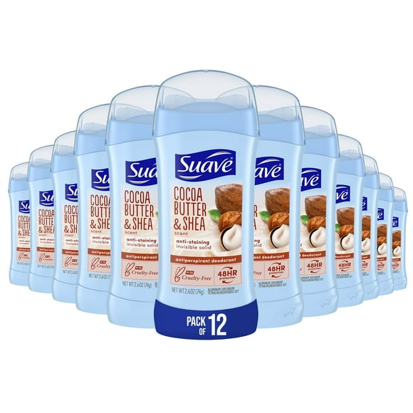Suave Deodorant Women, Antiperspirant, Cocoa Shea Butter, 48-Hour Odor & Wetness Protection, with Essential Oils, anti-staining, no baking soda 2.6 oz (Pack of 12)