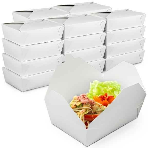 [200 Pack] 76 oz Paper Take Out Containers 8.6 x 6.3 x 2.5" - White Lunch Meal Food Boxes #3, Disposable Storage To Go Packaging, Microwave Safe, Leak Grease Resistant for Restaurant and Catering