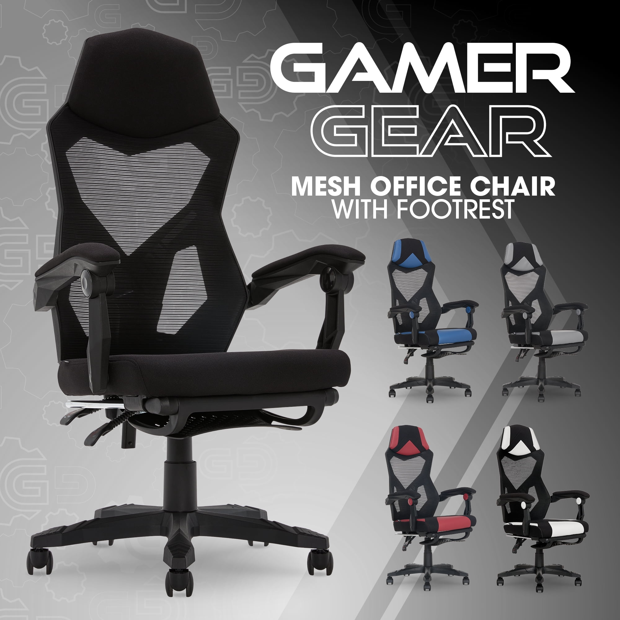 Gamer Gear Gaming Office Chair with Extendable Leg Rest, Black Fabric Upholstery