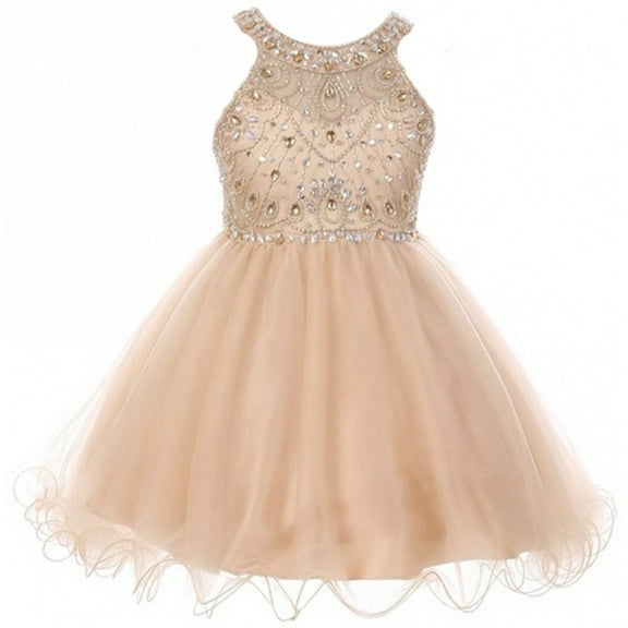 Little Girls Dress Sparkle Rhinestones Holiday Christmas Party Flower Girl Dress Champagne Size 4 (M10BK50)