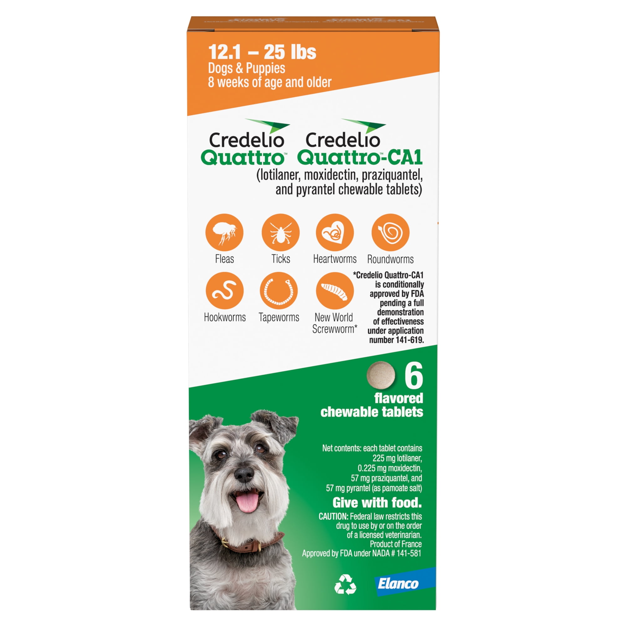 Credelio Quattro / Credelio Quattro-CA1 Dog Flea & Tick Treatment + Heartworm & Parasite Coverage, 12.1-25 lbs