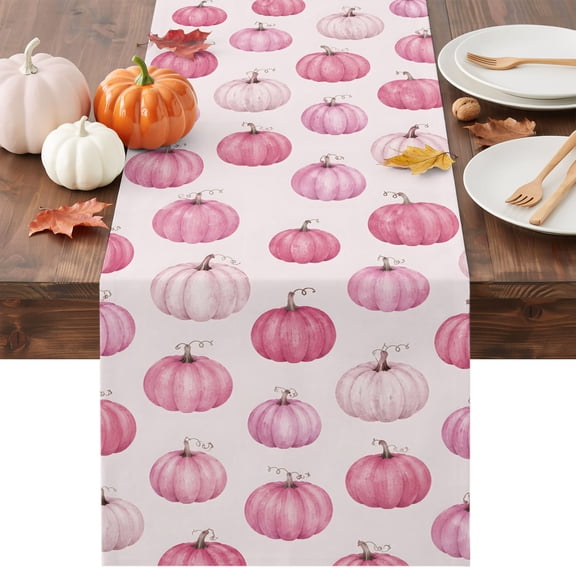 Fall Thanksgiving Table Runner - 72 Inch Long Pink Pumpkin Autumn Rustic Boho Cotton and Linen Blended Dress Scarves Farmhouse Table Runner for Kitchen Dining, Coffee Table, 13" x 72"