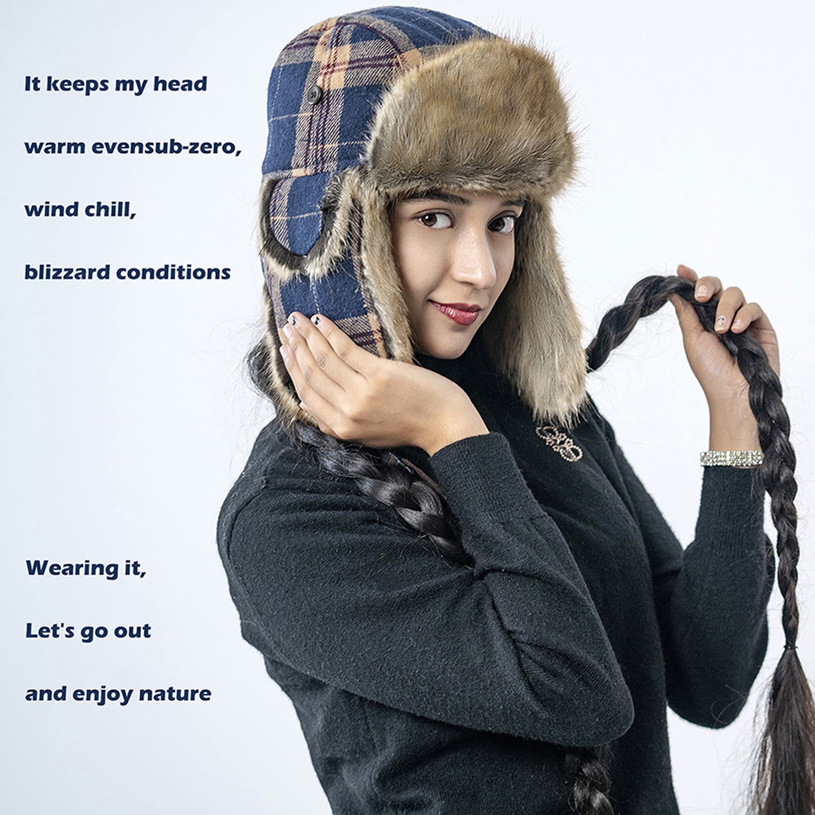 HEYANN Winter Trapper hat,Russian Ushanka Plaid Faux Fur Fuzzy for Men Women with Ear Flaps Eskimo Soviet Pilot Hat