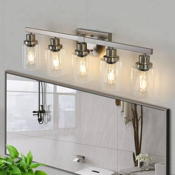 31" Brushed Nickel Vanity Light – 5-Light Modern Bathroom Wall Sconce with Clear Glass Shades and Industrial Metal Frame, Elegant Mirror Lighting for Vanity, Dressing Room or Master Bath