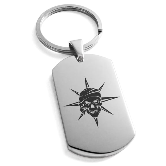 Stainless Steel Pirate Skull Star Compass Engraved Dog Tag Keychain Keyring