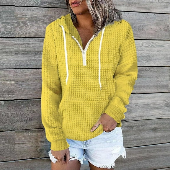 HWRETIE Trendy Printed Sweatshirt,Women's Waffle Knit Solid Color Zipper Hoodie Long Sleeve Pullover Casual Raglan Sweatshirt Fashion Fall Top Yellow