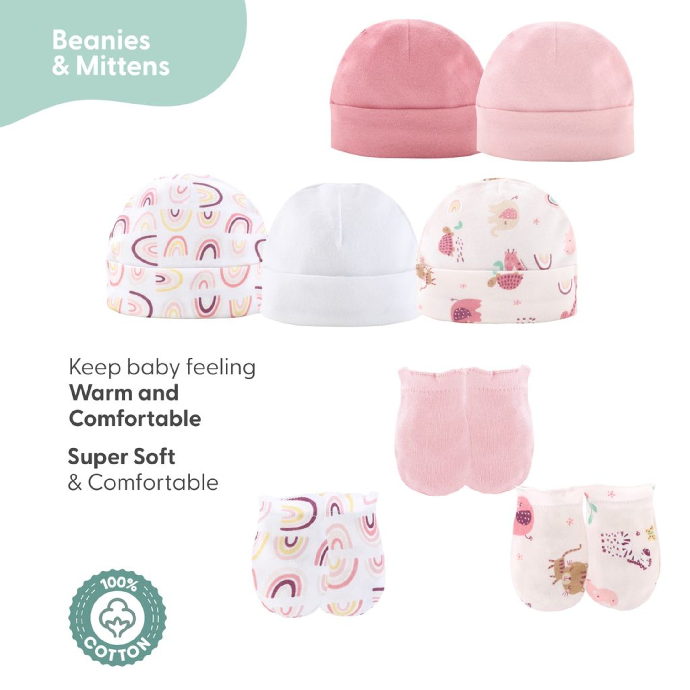 The Peanutshell Newborn Layette Gift Set for Baby Girls, 23 Essential Pieces, Pink Rainbow Safari Animals, 0-3 Months