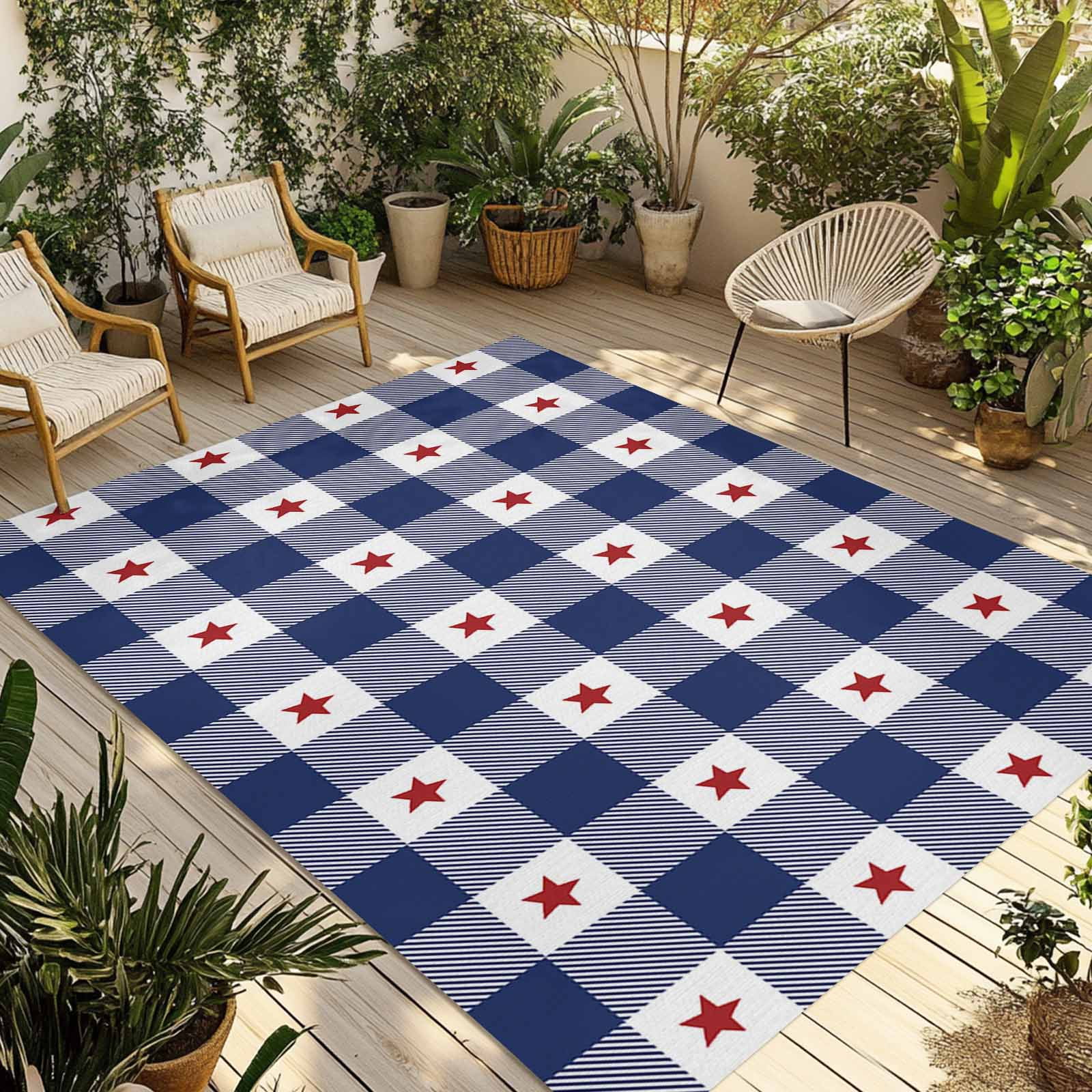 Outdoor Rug 4x6 ft 4th of July Red Americana Stars Waterproof Outdoor Patio Rug Mat Non Slip Outside Area Rugs Carpet for RV,Camping,Porch,Deck,Pool,Balconybackyard,Blue White Check Plaid