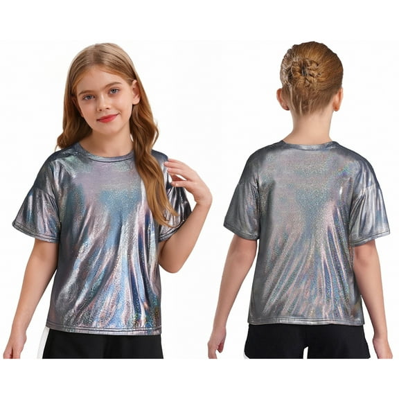 Aislor Girls Boys Shiny Metallic Modern Dance Jazz Top Short Sleeve Shirt Athletic T-Shirt Performance Blouse Dancewear