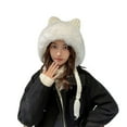 thumbnail image 1 of Pigtail Tassel Patchwork Color Knitted Hat Warm Cat Ears White Fluffy Edge Girls Beanie Cap for Autumn Winter, 1 of 10