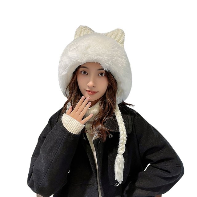 Pigtail Tassel Patchwork Color Knitted Hat Warm Cat Ears White Fluffy Edge Girls Beanie Cap for Autumn Winter