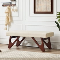 Zesthouse 48.8″ Linen Upholstered Bench for Bedroom End of Bed, Mid-Century Modern Entryway Bench with Padded Seat, Walnut Finished Boomerang Legs, Indoor and Hallway, Beige