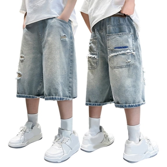 WOYY Boys Ripped Distressed Denim Shorts Elastic Waist Loose Fit Jean Shorts, Sizes 5-16