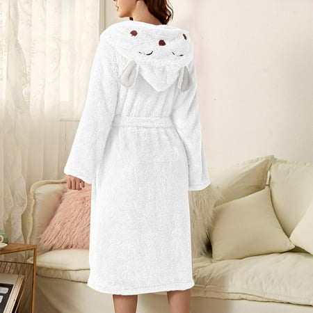 IDALL Robes for Women Nightgowns for Women Robe Double 3D Ear Hooded Flannel Bathrobe Double Faced Velvet Bathrobe Home Wear Pajamas Women s Lingerie  Sleep & Lounge White M