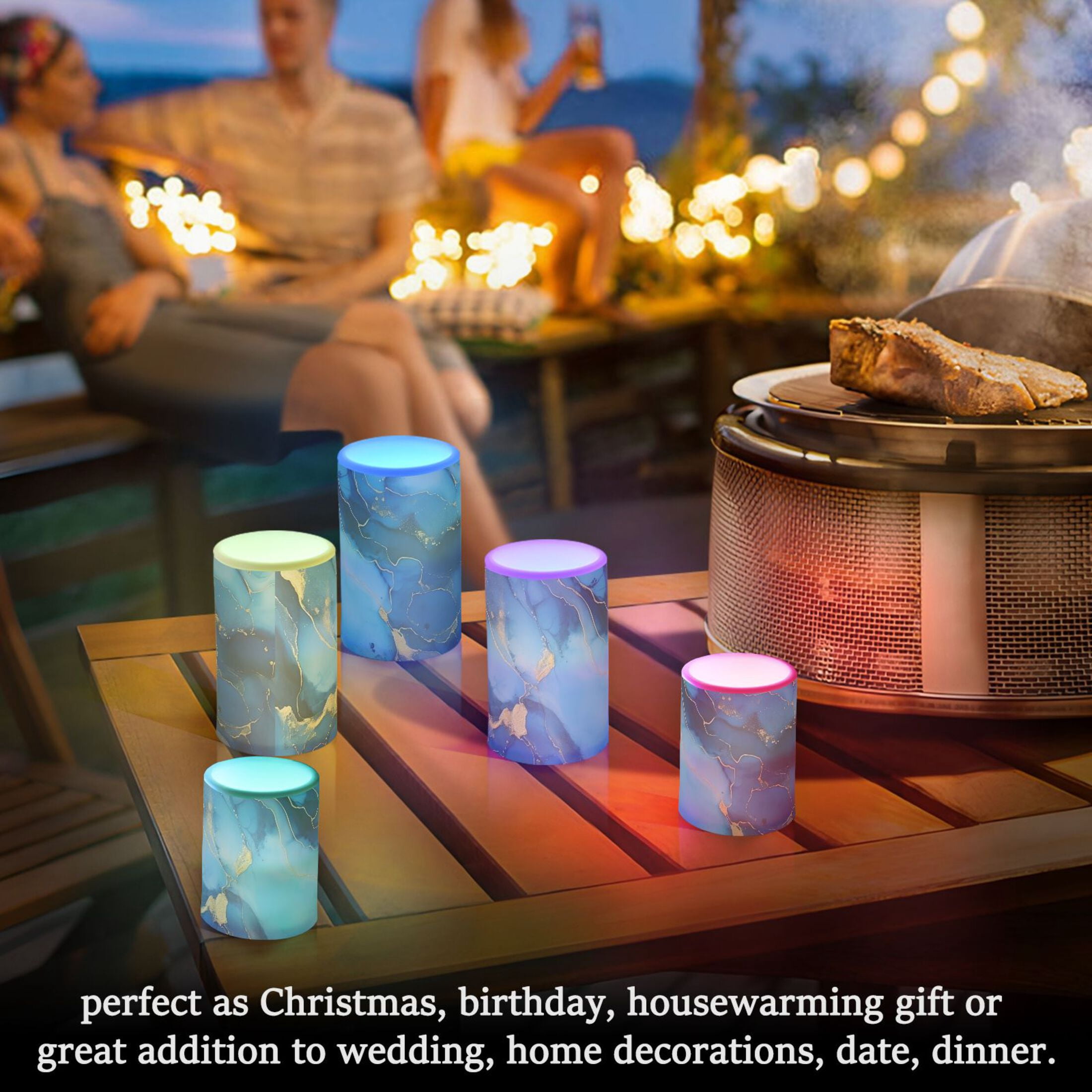 Sapphire Blue White Marble Flameless Candles with Remote Timer LED Battery Operated Flickering Candle Light for Festival Wedding Home Party